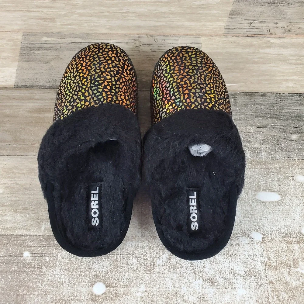 Sorel Nakiska Slide II Kids Shoes Sz 3 Black Sea Salt Faux Fur Lined Slippers